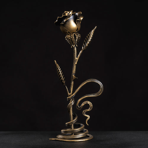 Bronze stained metal rose with metal stand
