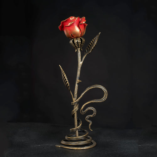 Handcrafted red iron rose (Rose + Metal Stand)