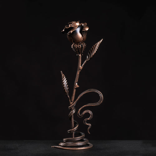 Copper stained metal rose with metal stand